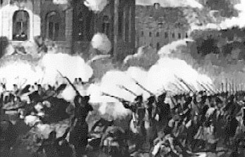 preu�isches Milit�r schie�t auf verbarrikadierte Revolution�re